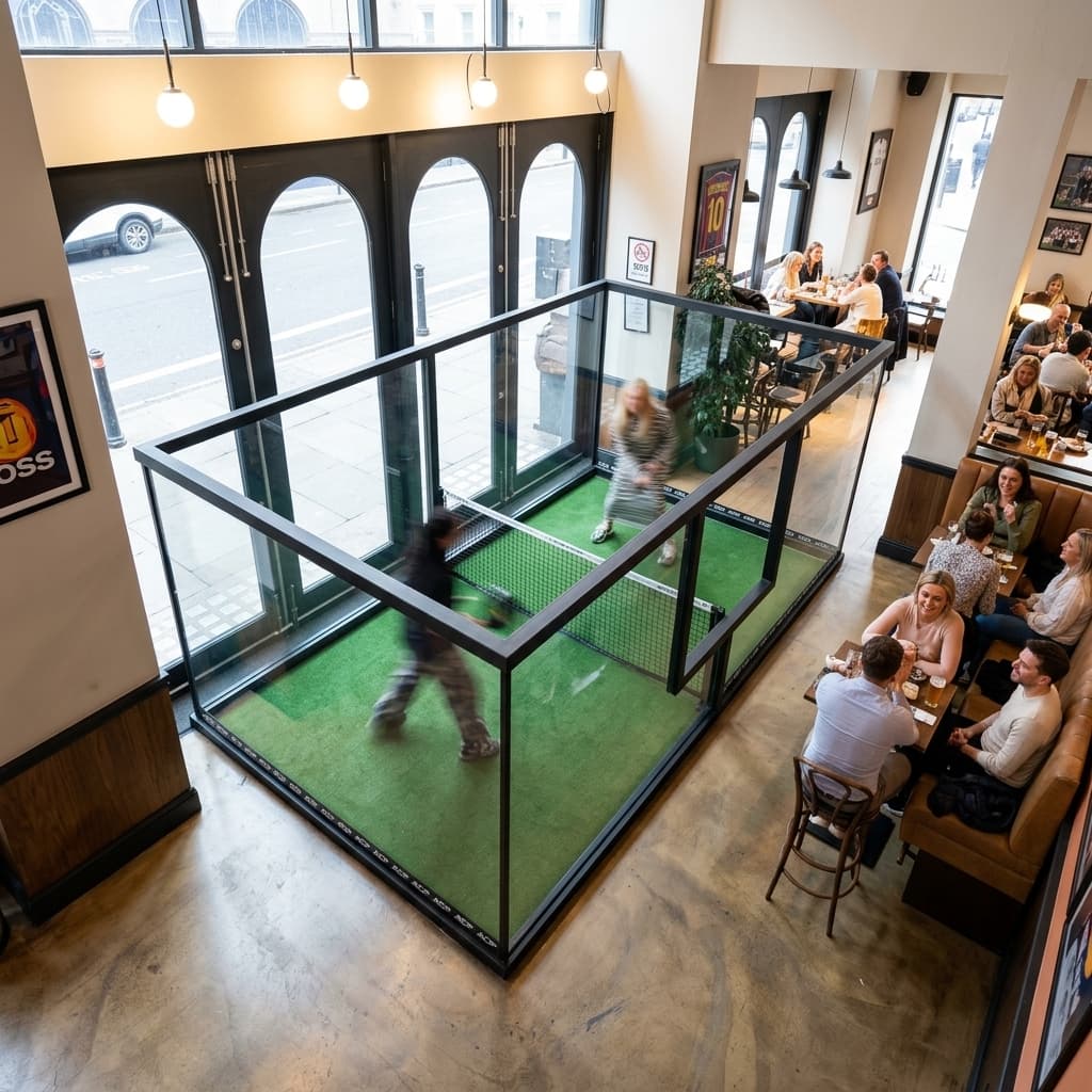 Pop-up padel court installed inside a pub venue