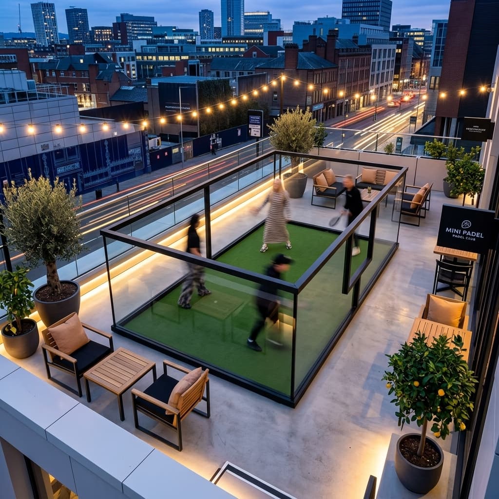 Pop-up padel court on a rooftop terrace at dusk